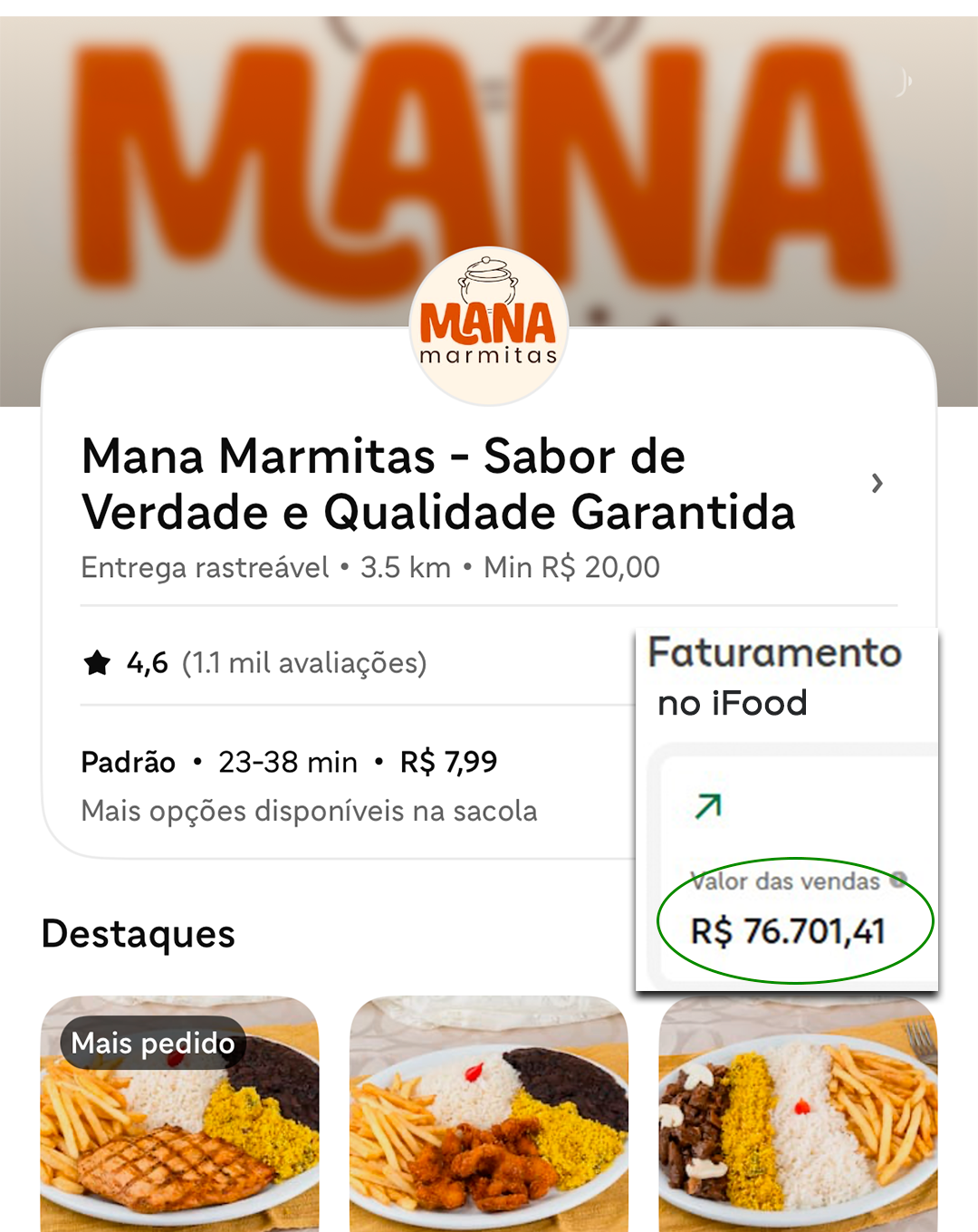 Faturamento no iFood da Mana Marmitas